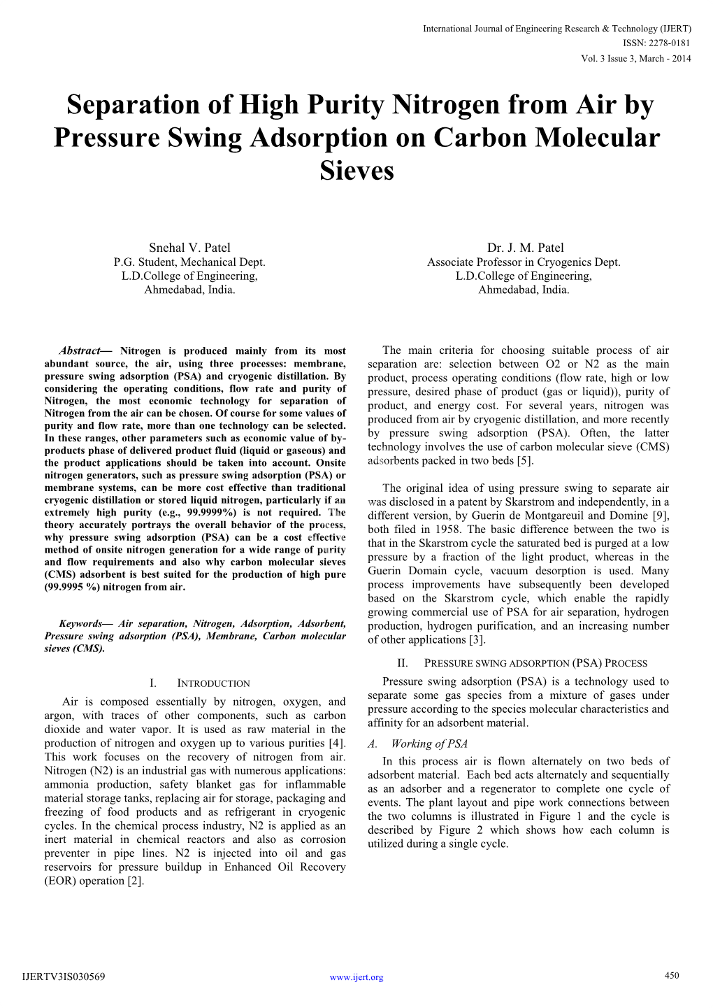 Separation of High Purity Nitrogen from Air by Pressure Swing Adsorption on Carbon Molecular Sieves