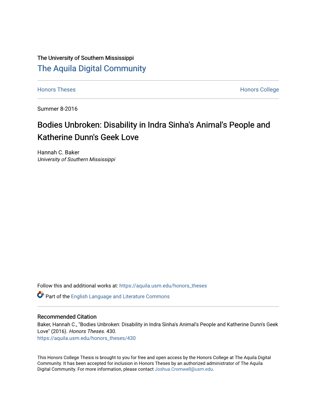 Disability in Indra Sinha's Animal's People and Katherine Dunn's Geek Love