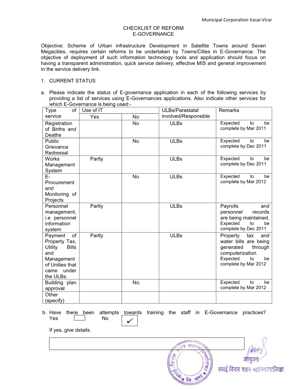 Municipal Corporation Vasai-Virar CHECKLIST of REFORM E-GOVERNANCE Objective