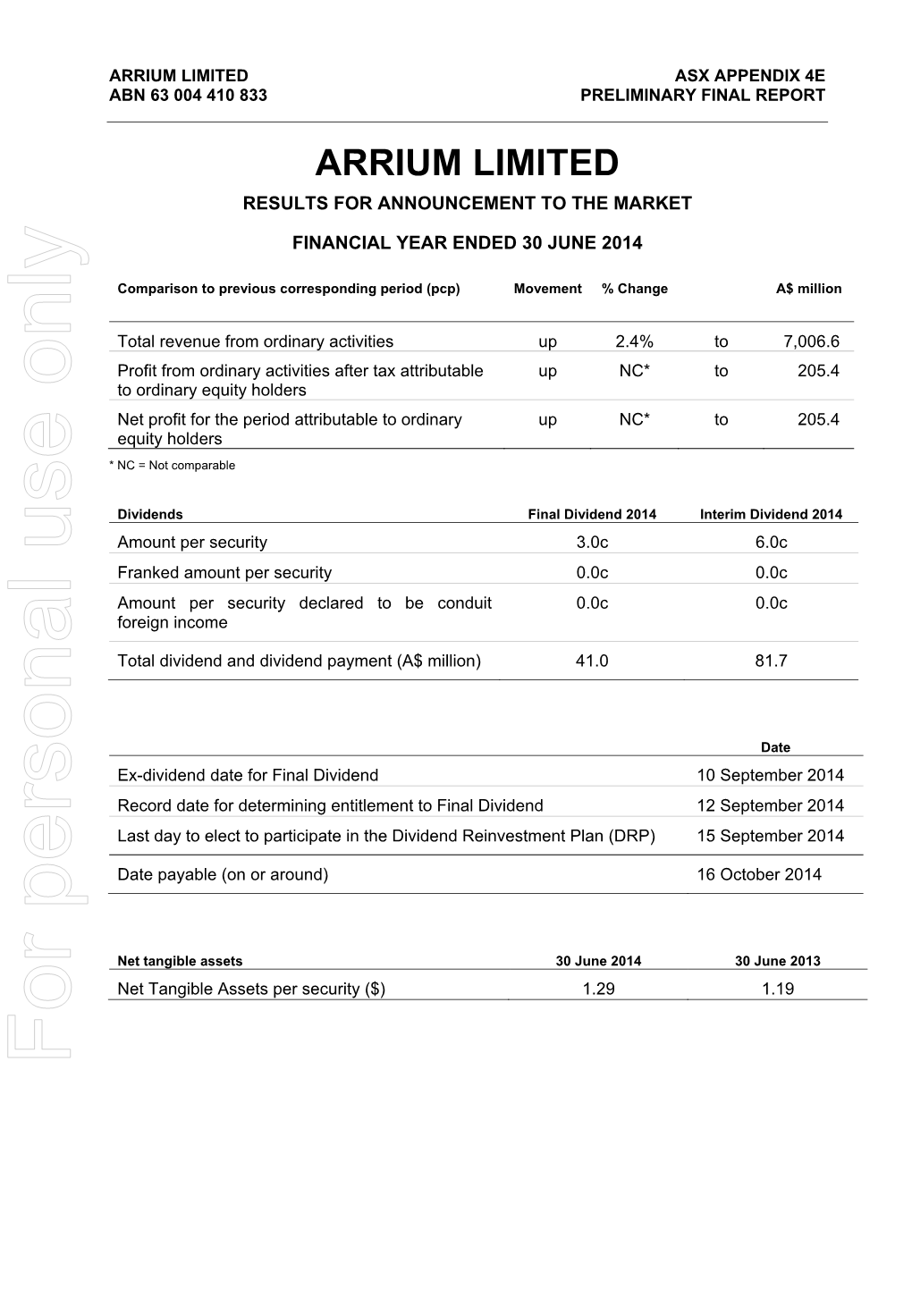 Arrium Limited Asx Appendix 4E Abn 63 004 410 833 Preliminary Final Report
