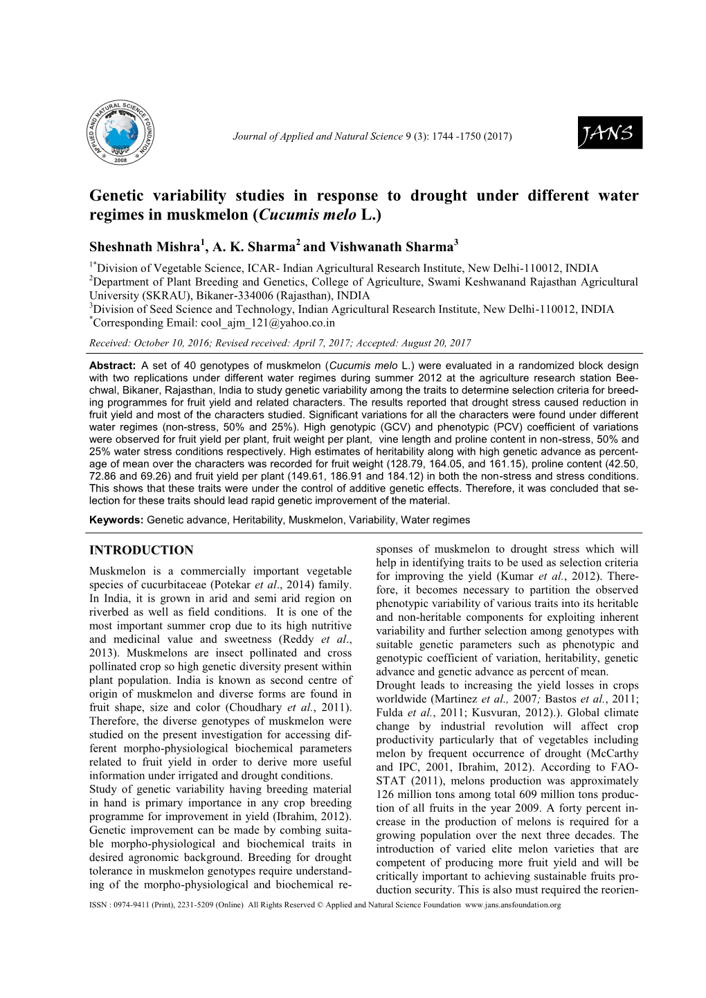 Genetic Variability Studies in Response to Drought Under Different Water Regimes in Muskmelon (Cucumis Melo L.)