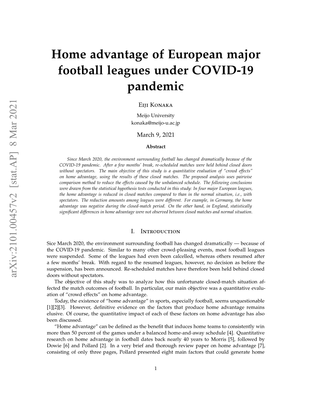 Home Advantage of European Major Football Leagues Under COVID-19 Pandemic