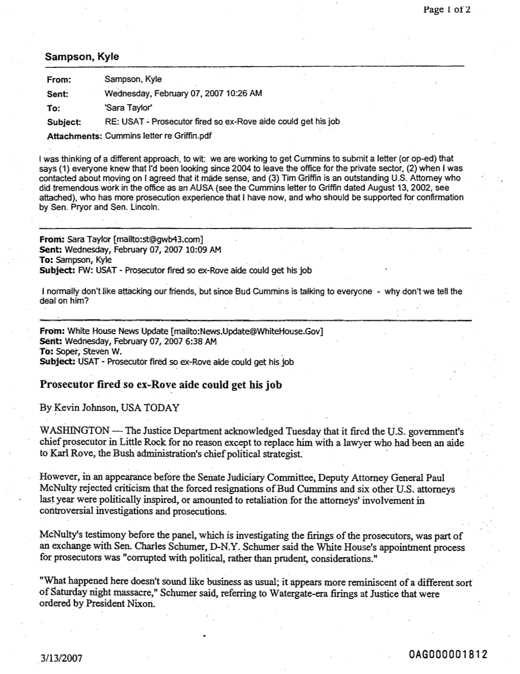 Prosecutor Fired So Ex-Rove Aide Could Get His Job ~Ttaclimenb:Cummins Letter Re Griffin.Pdf