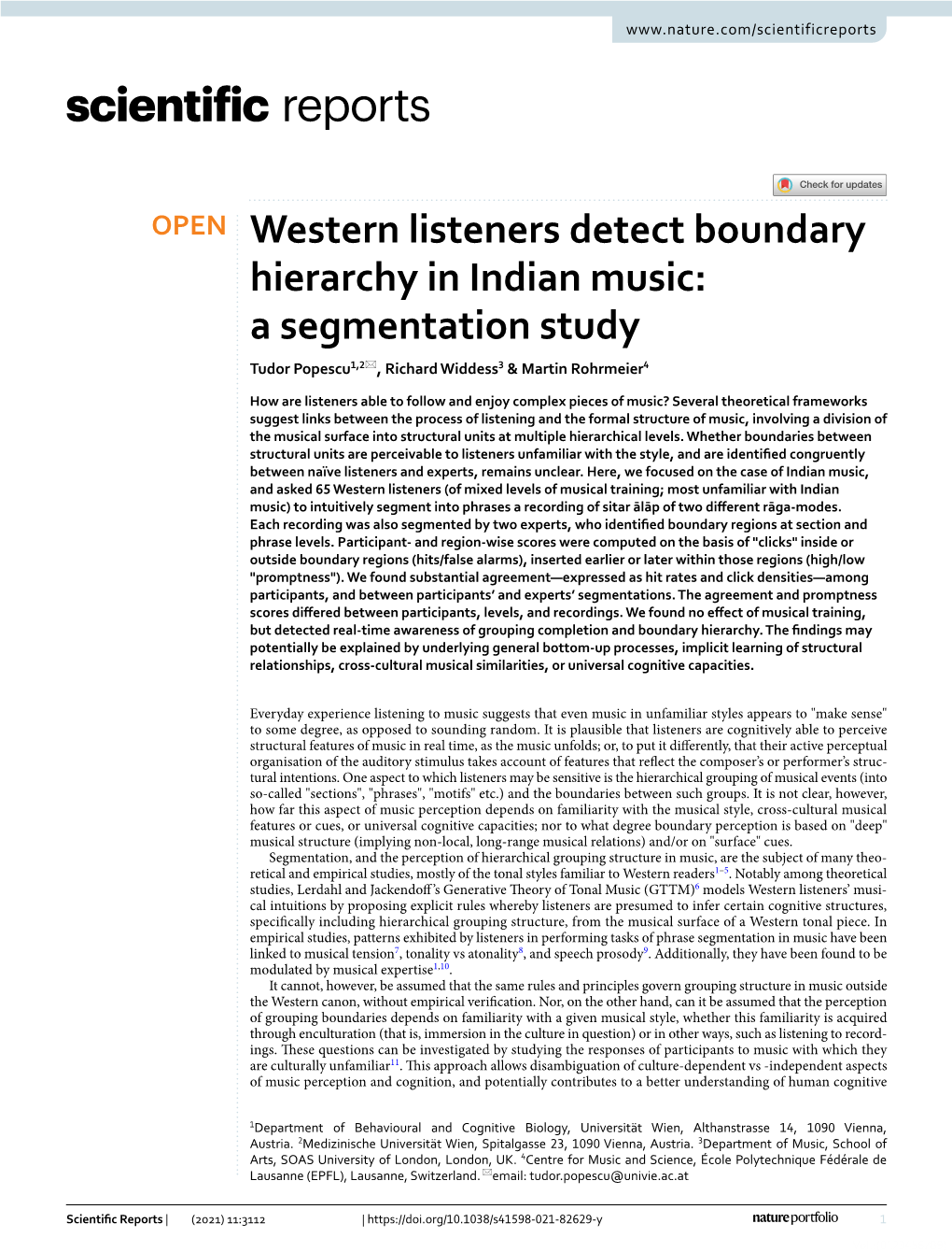 Western Listeners Detect Boundary Hierarchy in Indian Music: a Segmentation Study Tudor Popescu1,2*, Richard Widdess3 & Martin Rohrmeier4