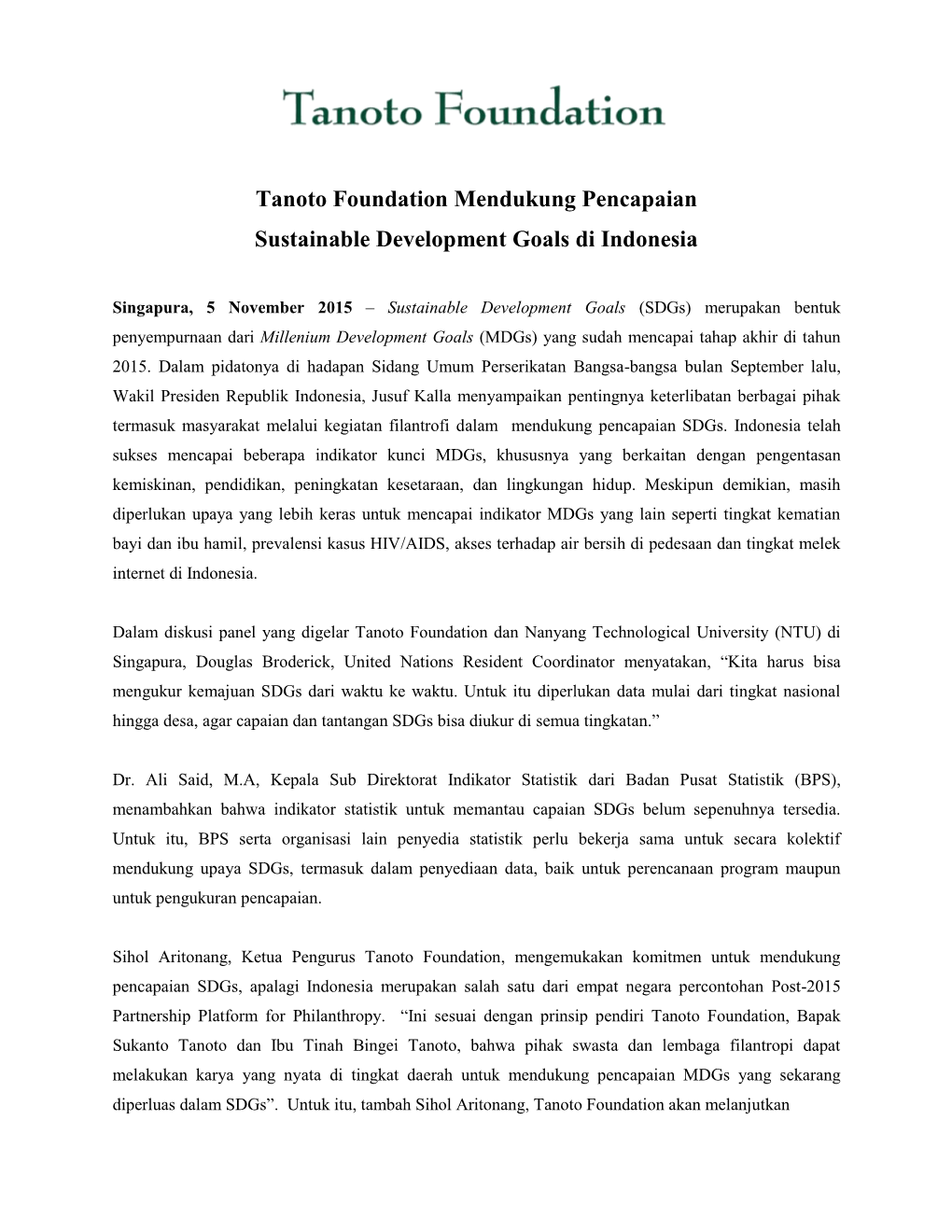 Tanoto Foundation Mendukung Pencapaian Sustainable Development Goals Di Indonesia