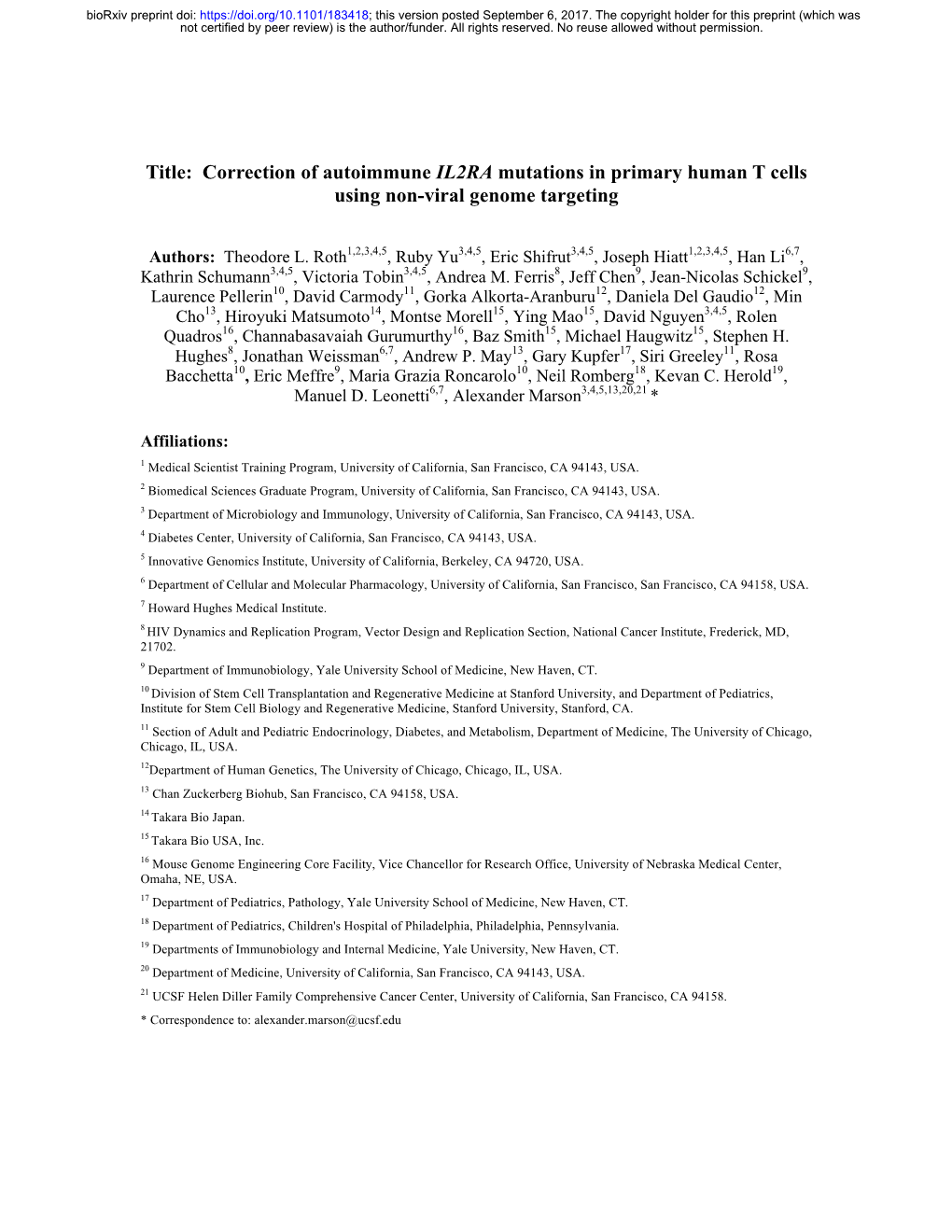 Correction of Autoimmune IL2RA Mutations in Primary Human T Cells Using Non-Viral Genome Targeting