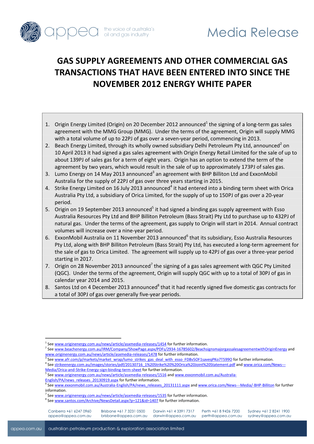Gas Supply Agreements and Other Commercial Gas Transactions That Have Been Entered Into Since the November 2012 Energy White Paper
