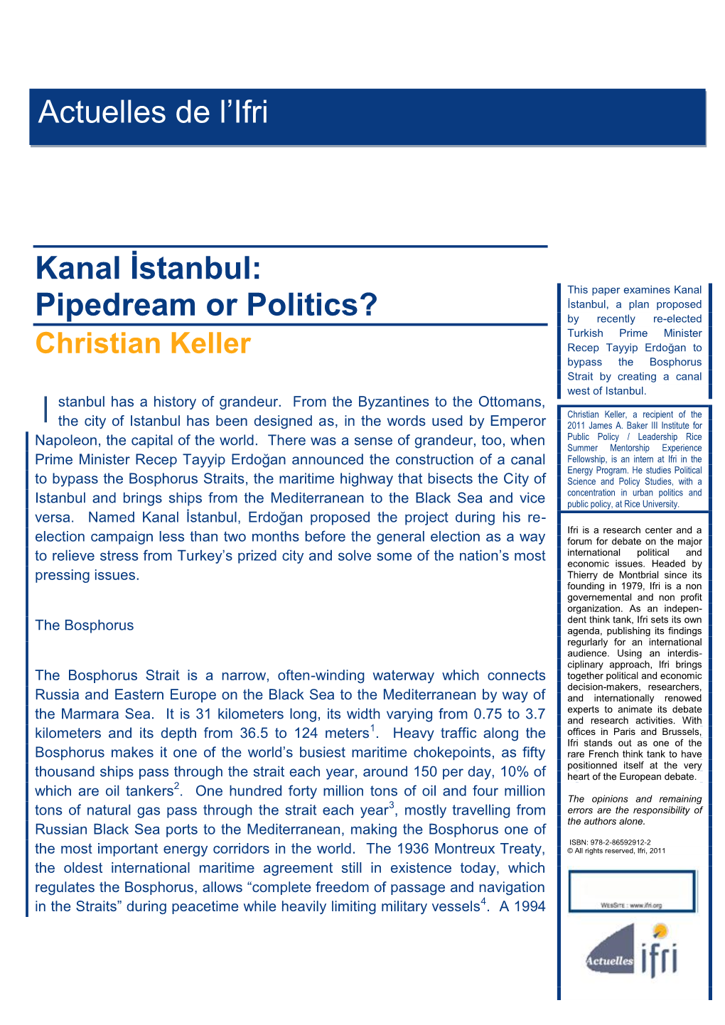 Kanal İstanbul: Pipedream Or Politics? Actuelles De L‟Ifri