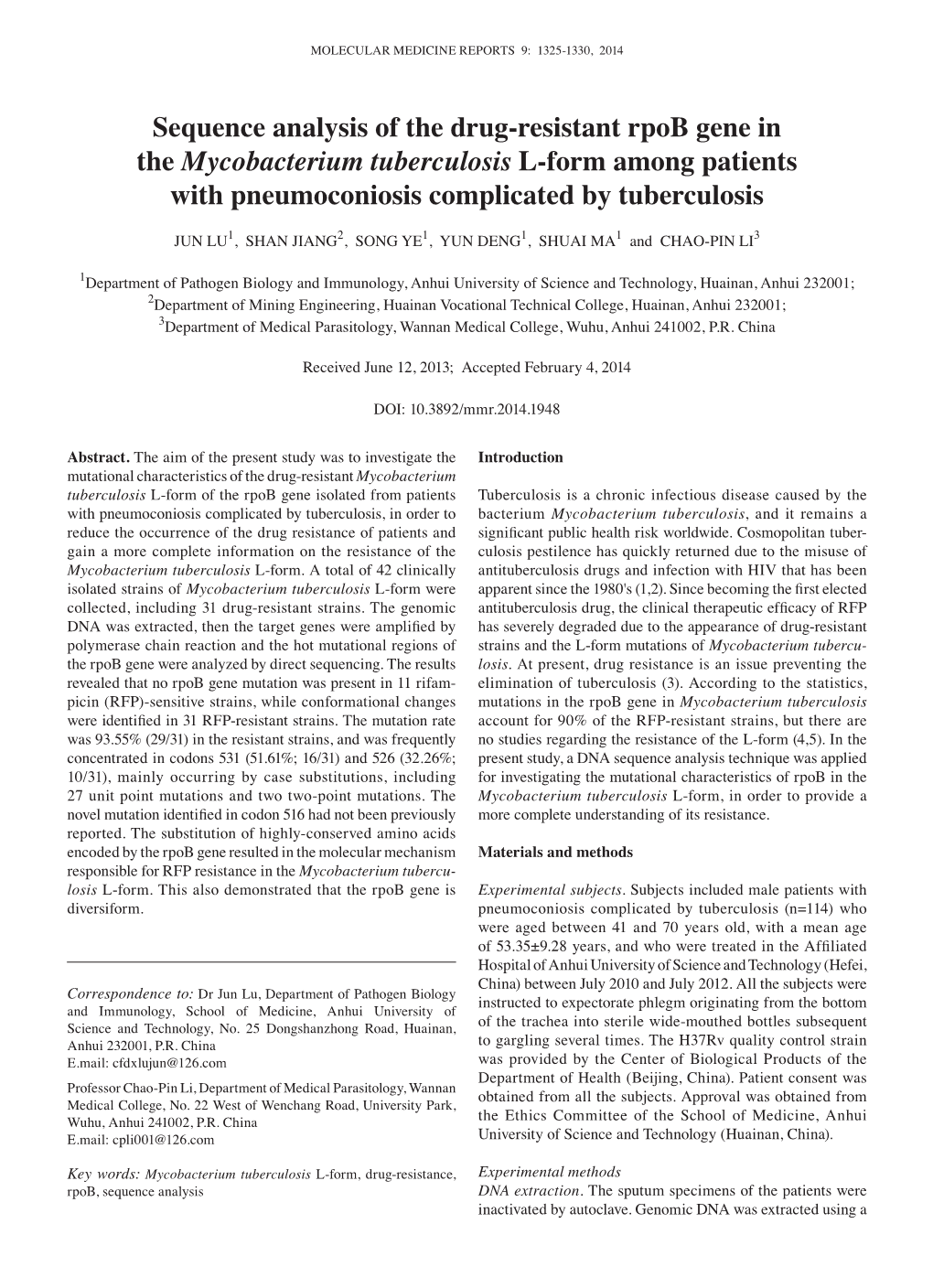 Sequence Analysis of the Drug‑Resistant Rpob Gene in the Mycobacterium Tuberculosis L‑Form Among Patients with Pneumoconiosis Complicated by Tuberculosis