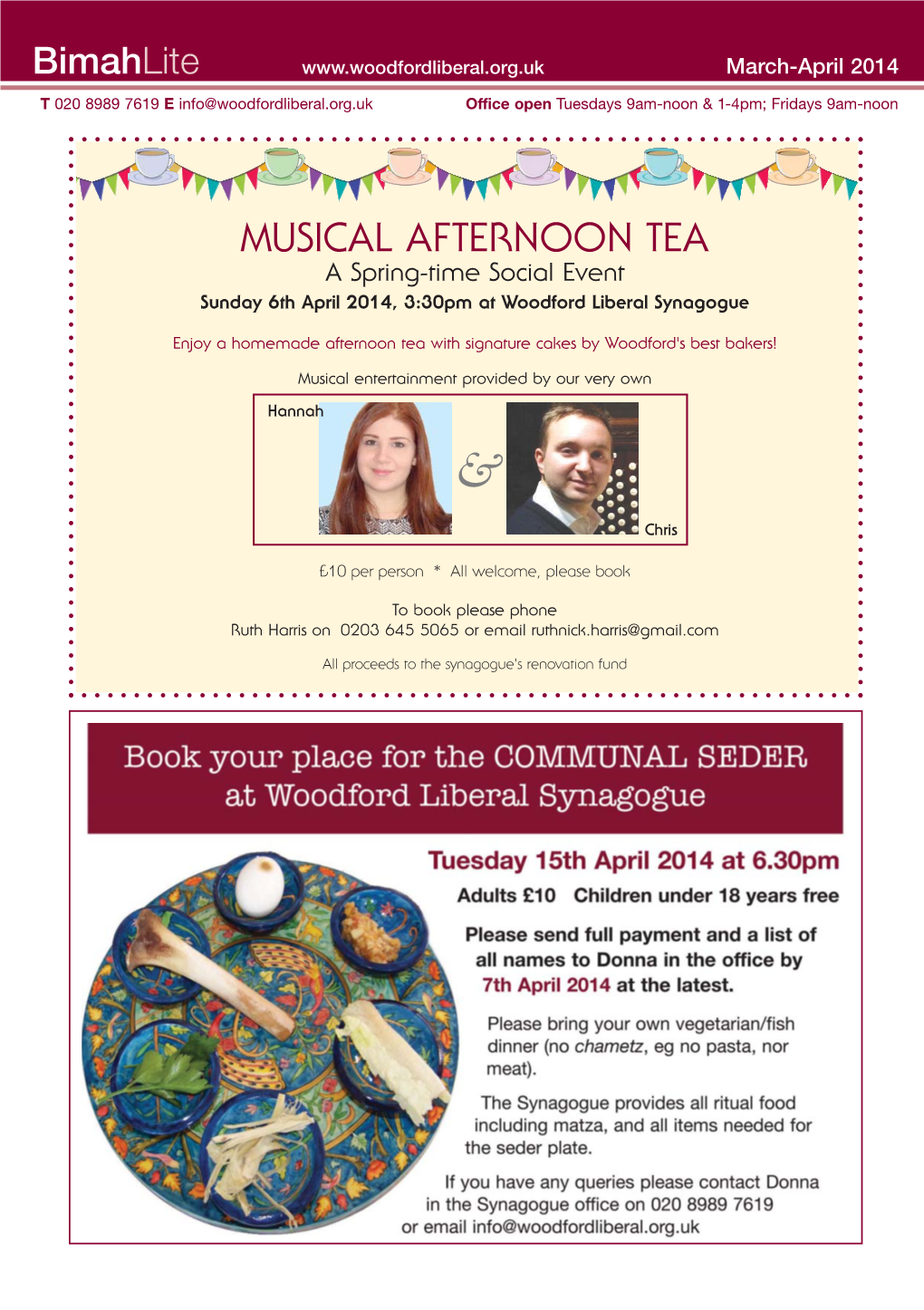 MUSICAL AFTERNOON TEA a Spring-Time Social Event Sunday 6Th April 2014, 3:30Pm at Woodford Liberal Synagogue