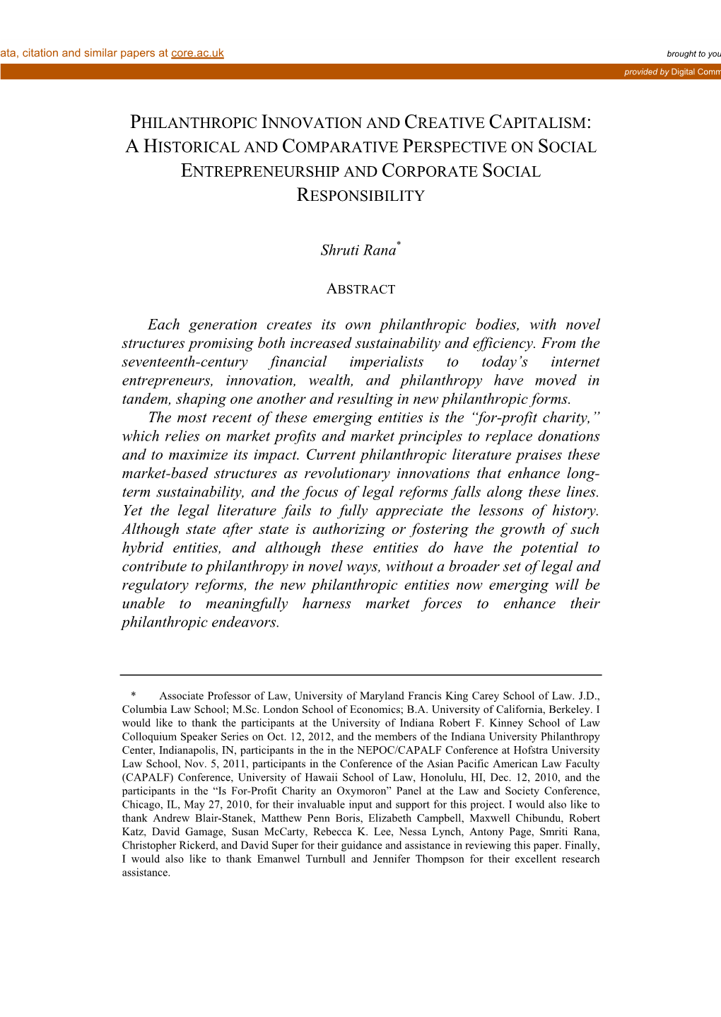 Philanthropic Innovation and Creative Capitalism: a Historical and Comparative Perspective on Social Entrepreneurship and Corporate Social Responsibility