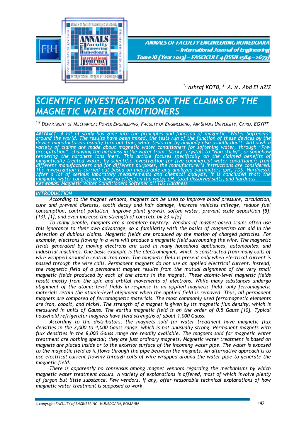 Scientific Investigations on the Claims of the Magnetic Water Conditioners