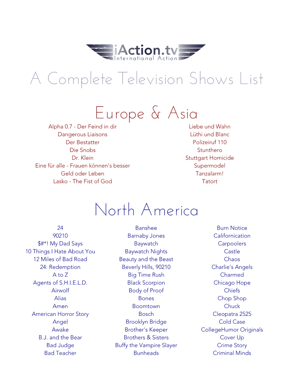 A Complete Television Shows List Europe & Asia North America