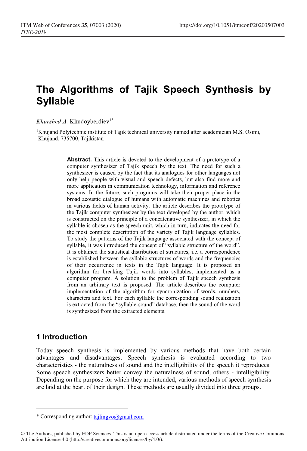The Algorithms of Tajik Speech Synthesis by Syllable