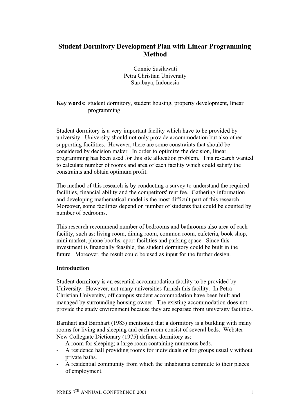 Student Dormitory Development Plan with Linear Programming Method