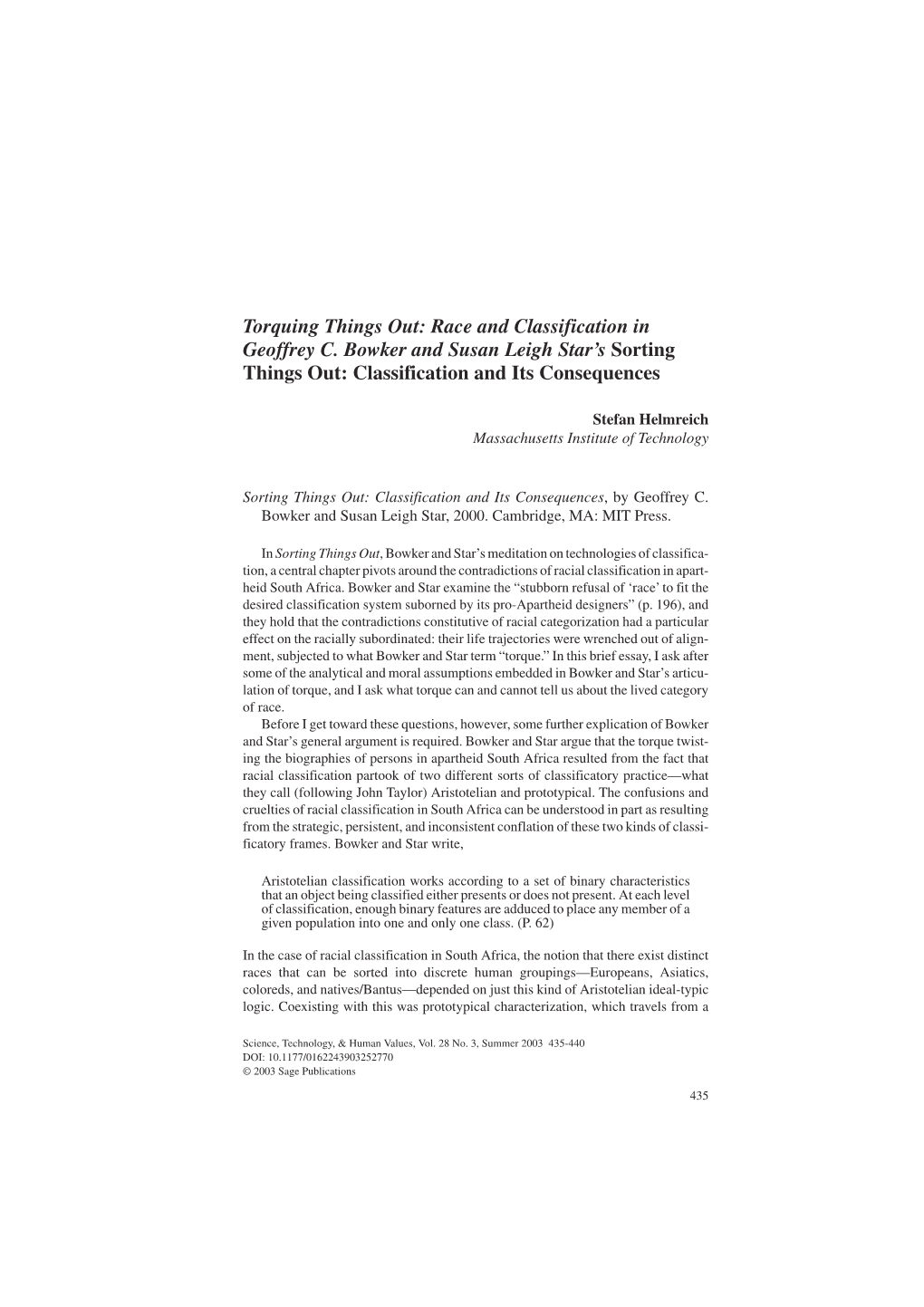 Torquing Things Out: Race and Classification in Geoffrey C. Bowker and Susan Leigh Star’S Sorting Things Out: Classification and Its Consequences