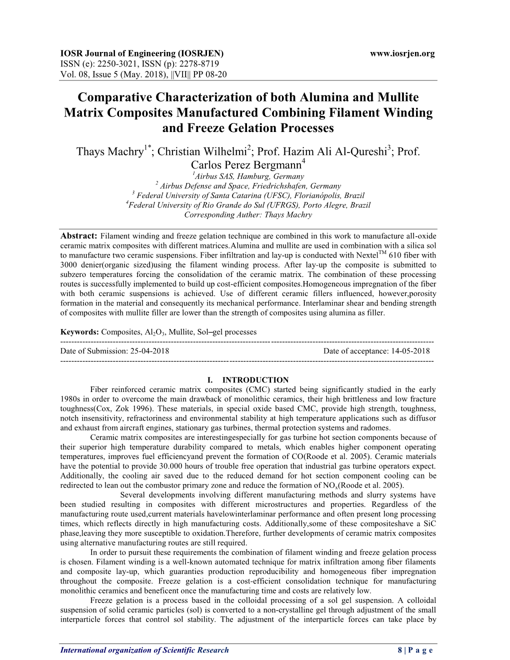 Comparative Characterization of Both Alumina and Mullite Matrix Composites Manufactured Combining Filament Winding and Freeze Gelation Processes