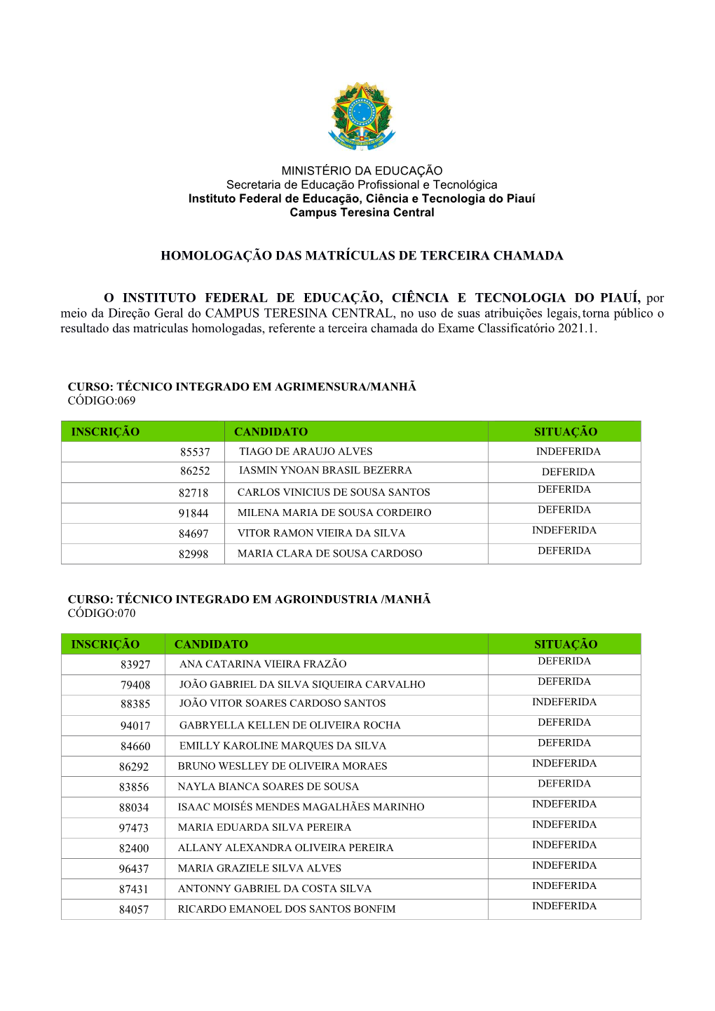 Homologação Das Matrículas De Terceira Chamada O