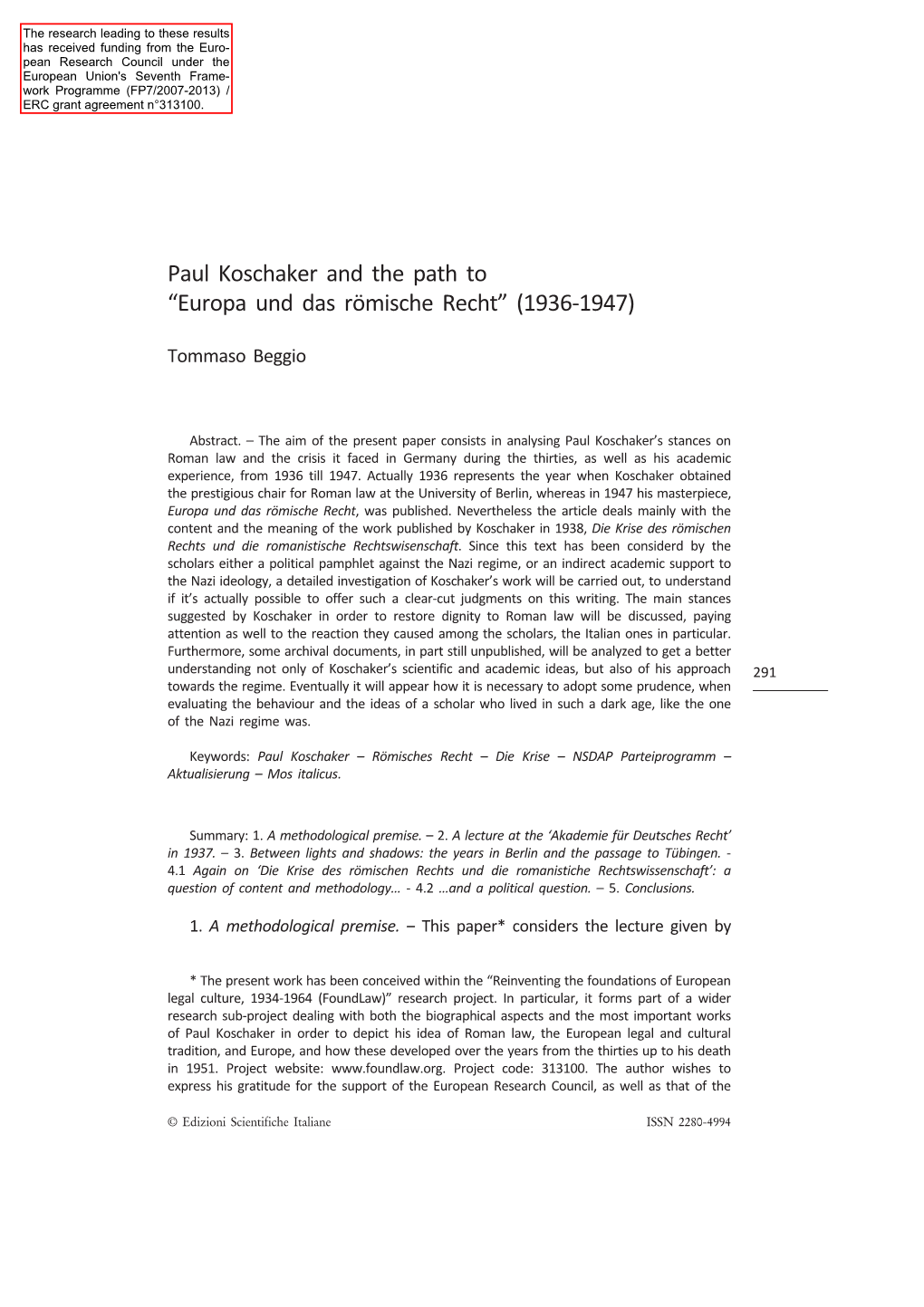 Paul Koschaker and the Path to “Europa Und Das Römische Recht” (1936-1947)