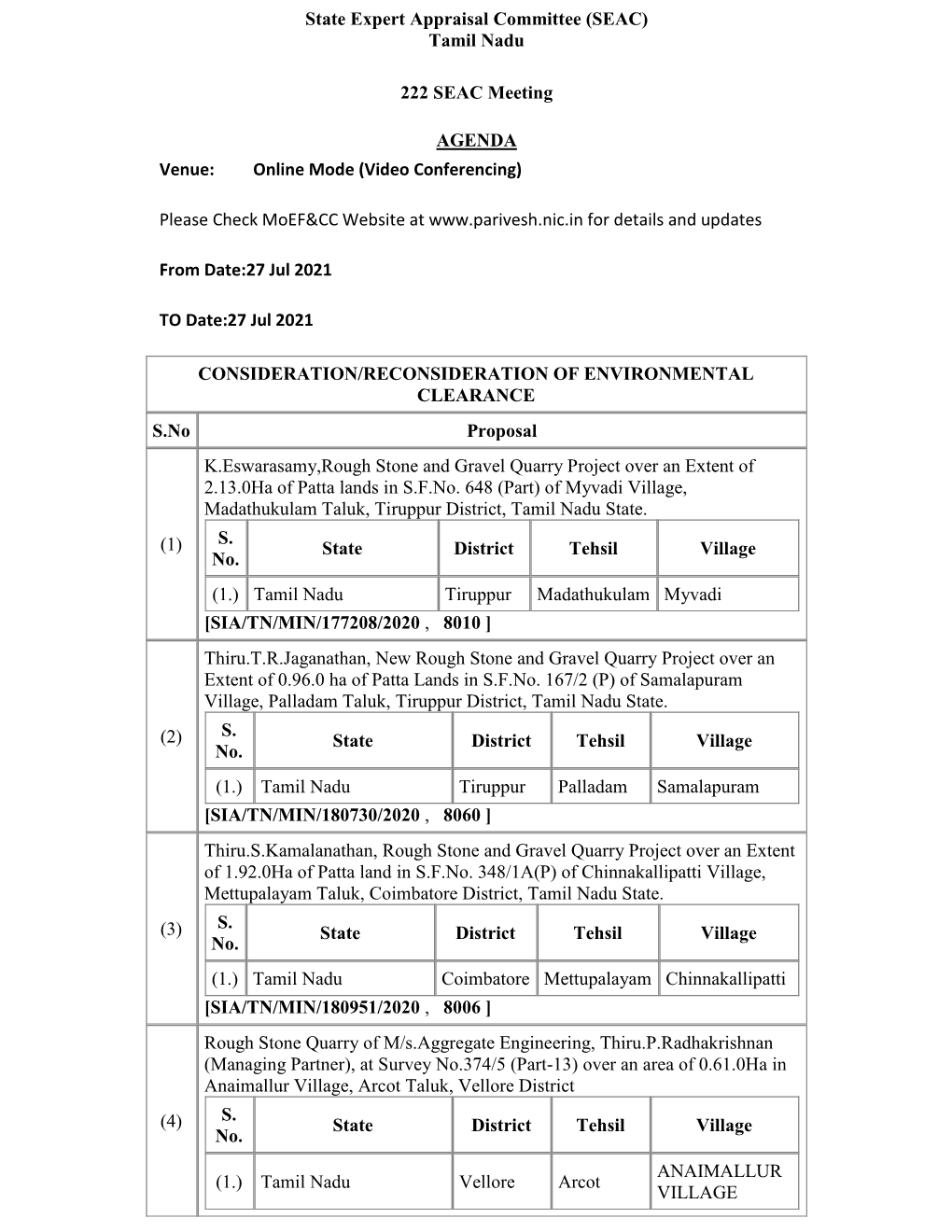 Tamil Nadu 222 SEAC Meeting AGENDA Venue