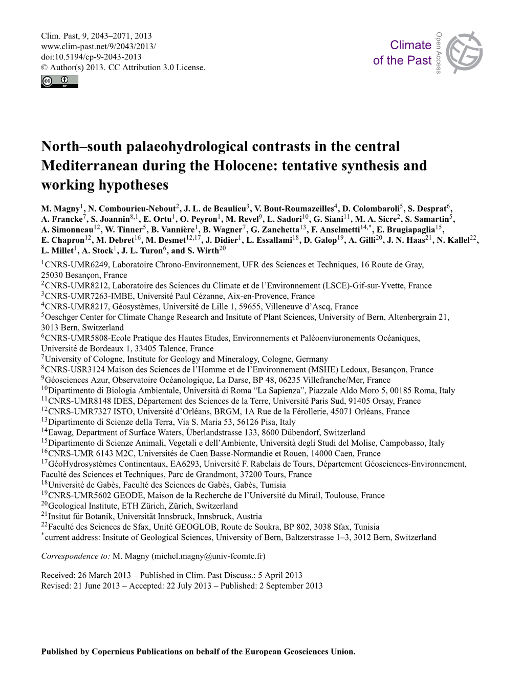 North–South Palaeohydrological Contrasts in the Central Mediterranean During the Holocene: Tentative Synthesis and Working