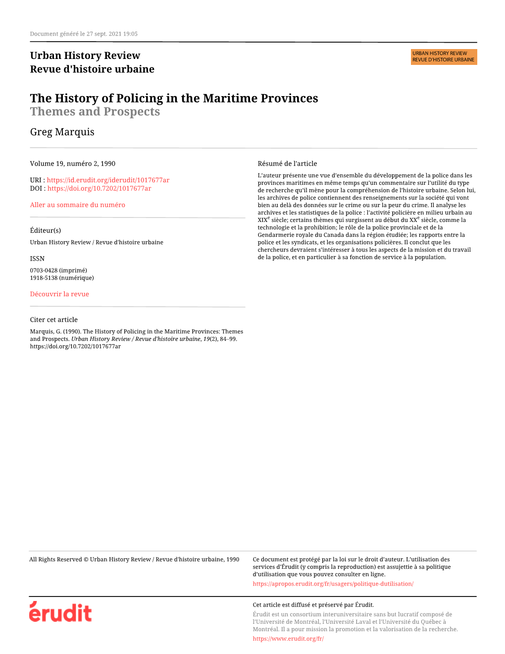 The History of Policing in the Maritime Provinces Themes and Prospects Greg Marquis