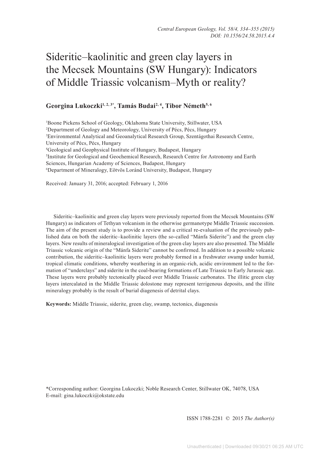 Sideritic–Kaolinitic and Green Clay Layers in the Mecsek Mountains (SW Hungary): Indicators of Middle Triassic Volcanism–Myth Or Reality?