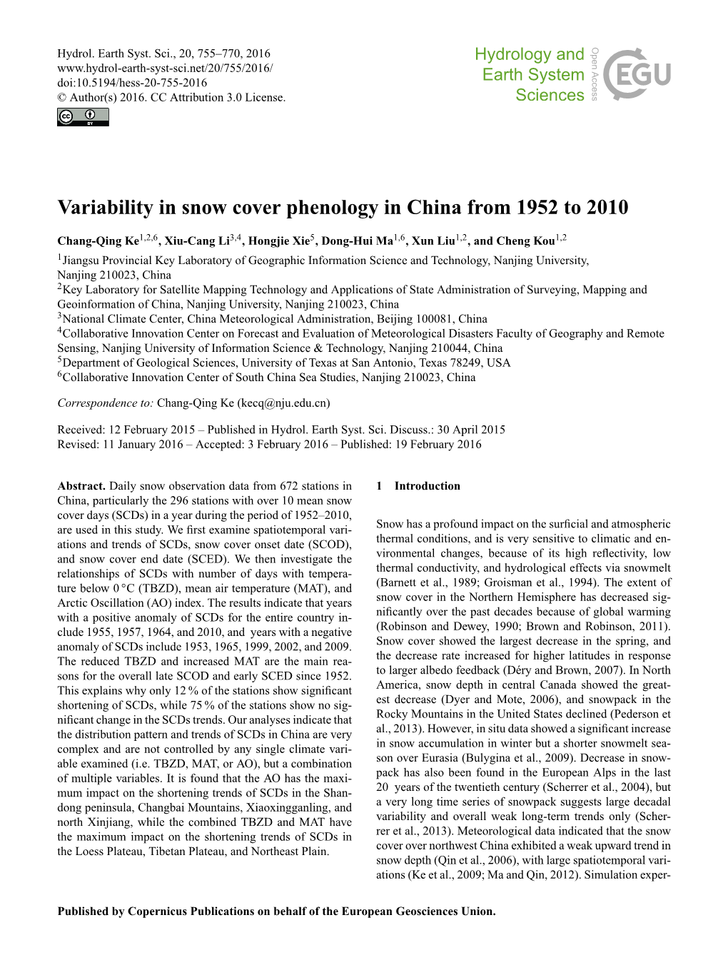 Variability in Snow Cover Phenology in China from 1952 to 2010