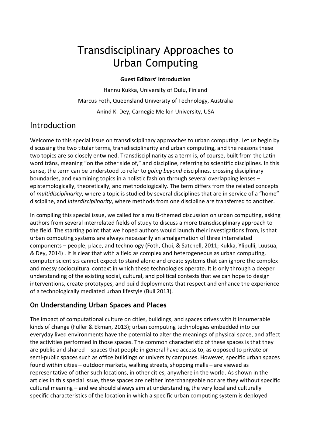 Transdisciplinary Approaches to Urban Computing