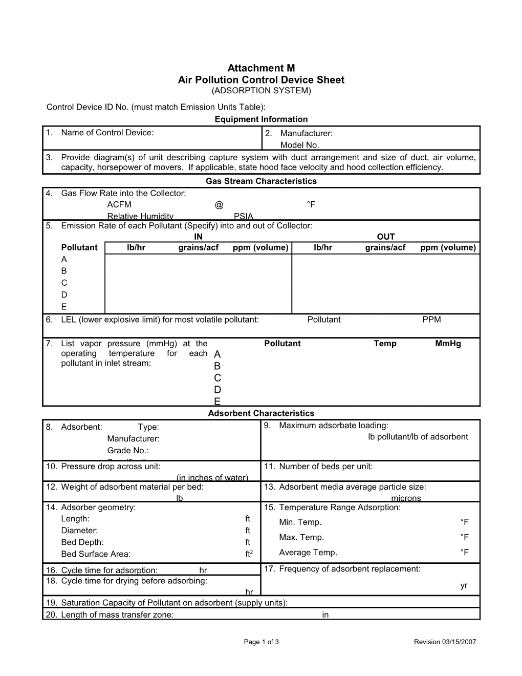 Air Pollution Control Device Sheet