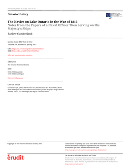 The Navies on Lake Ontario in the War of 1812 Notes from the Papers of a Naval Officer Then Serving on His Majesty’S Ships Barlow Cumberland