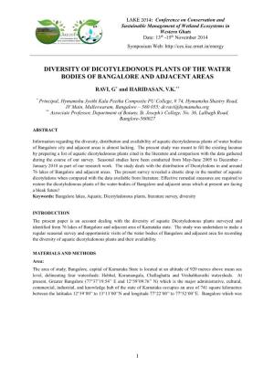 Diversity of Dicotyledons Plants of the Water Bodies of Bangalore And