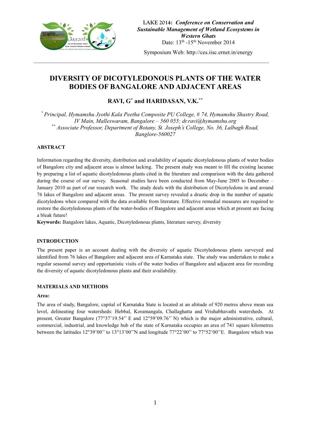 Diversity of Dicotyledons Plants of the Water Bodies of Bangalore And