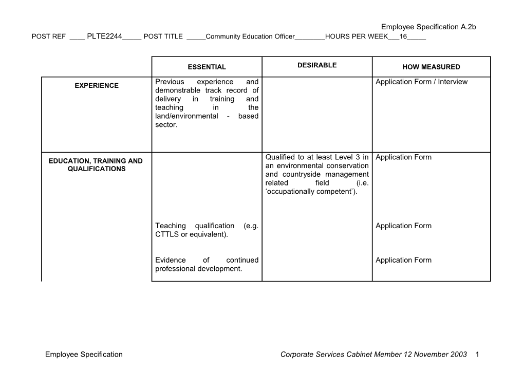 Employee Specification A.2B