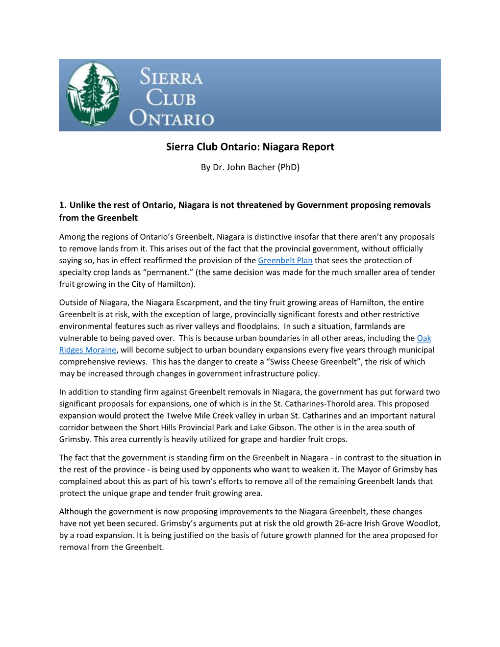 Sierra Club Ontario: Niagara Report by Dr