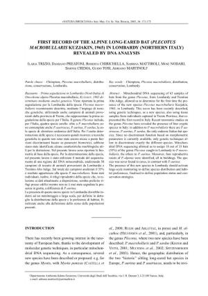 Plecotus Macrobullaris Kuzjakin, 1965) in Lombardy (Northern Italy) Revealed by Dna Analysis