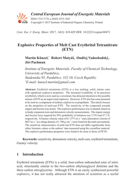 Explosive Properties of Melt Cast Erythritol Tetranitrate (ETN)