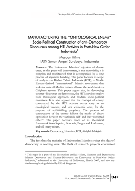 MANUFACTURING the “ONTOLOGICAL ENEMY” Socio-Political Construction of Anti-Democracy Discourses Among HTI Activists in Post
