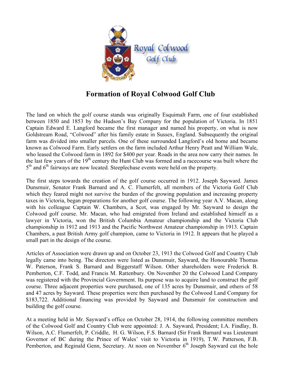 Formation of Royal Colwood Golf Club