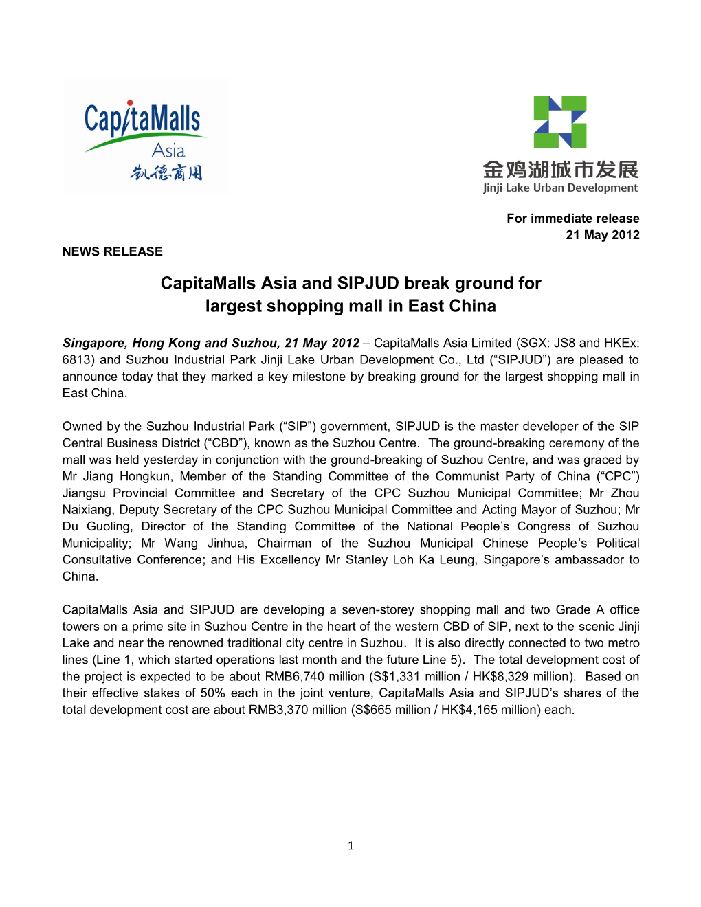 Capitamalls Asia and SIPJUD Break Ground for Largest Shopping Mall in East China