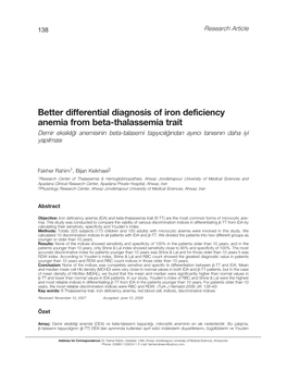 Better Differential Diagnosis of Iron Deficiency Anemia from Beta-Thalassemia Trait