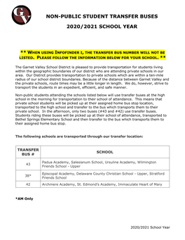 Non-Public Student Transfer Buses 2020/2021 School Year