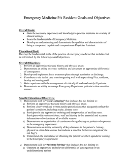 Emergency Medicine PA Resident Goals and Objectives