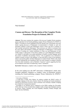 The Reception of the Complete Works Translation Project in Finland, 2002-131