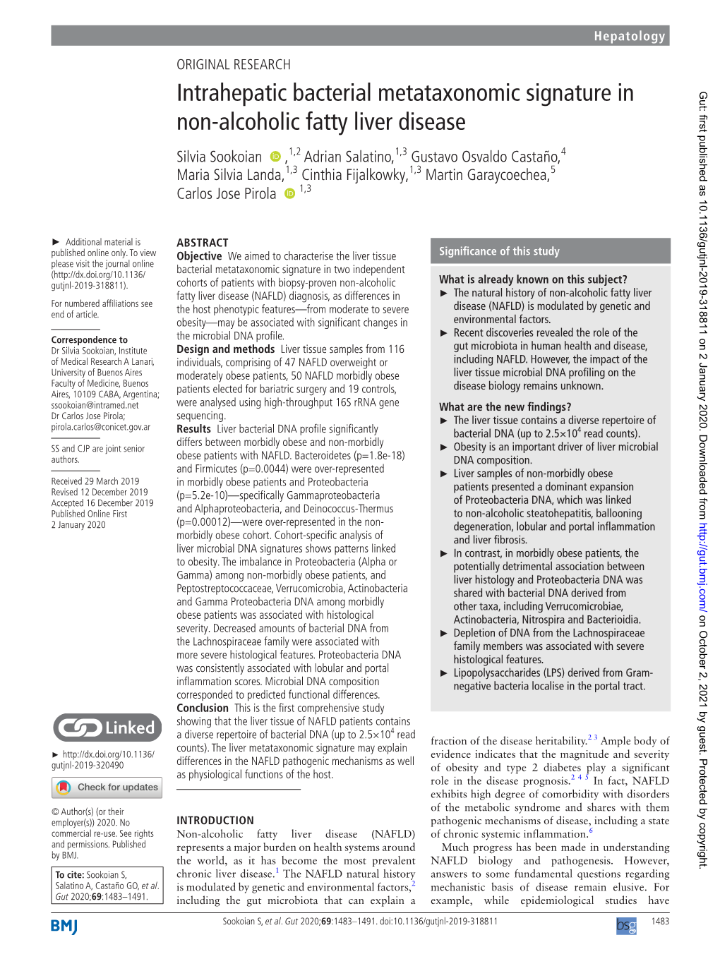 Intrahepatic Bacterial Metataxonomic Signature in Non-Alcoholic Fatty Liver