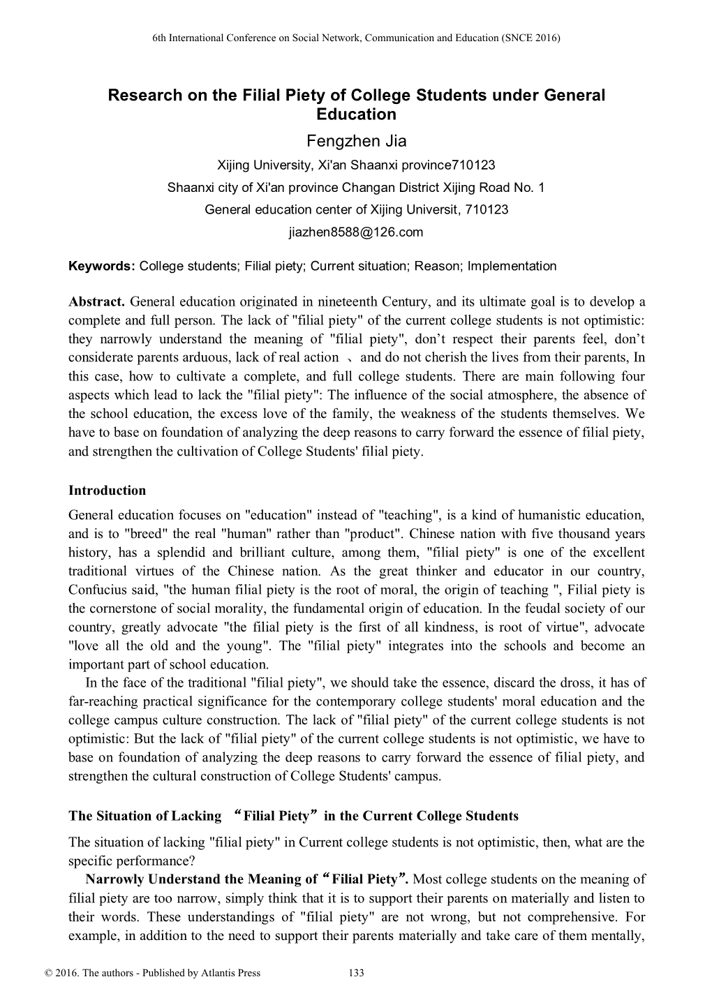 Research on the Filial Piety of College Students Under General Education