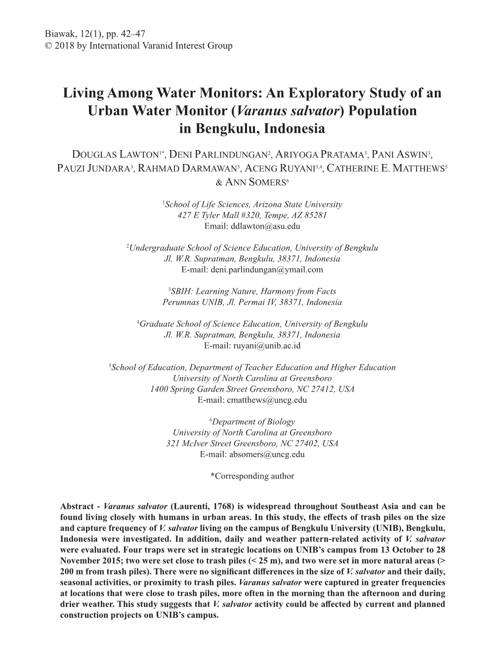 An Exploratory Study of an Urban Water Monitor (Varanus Salvator) Population in Bengkulu, Indonesia