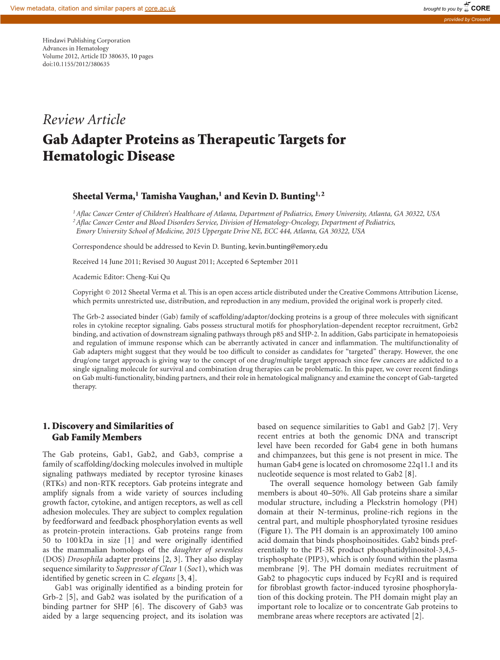 Review Article Gab Adapter Proteins As Therapeutic Targets for Hematologic Disease