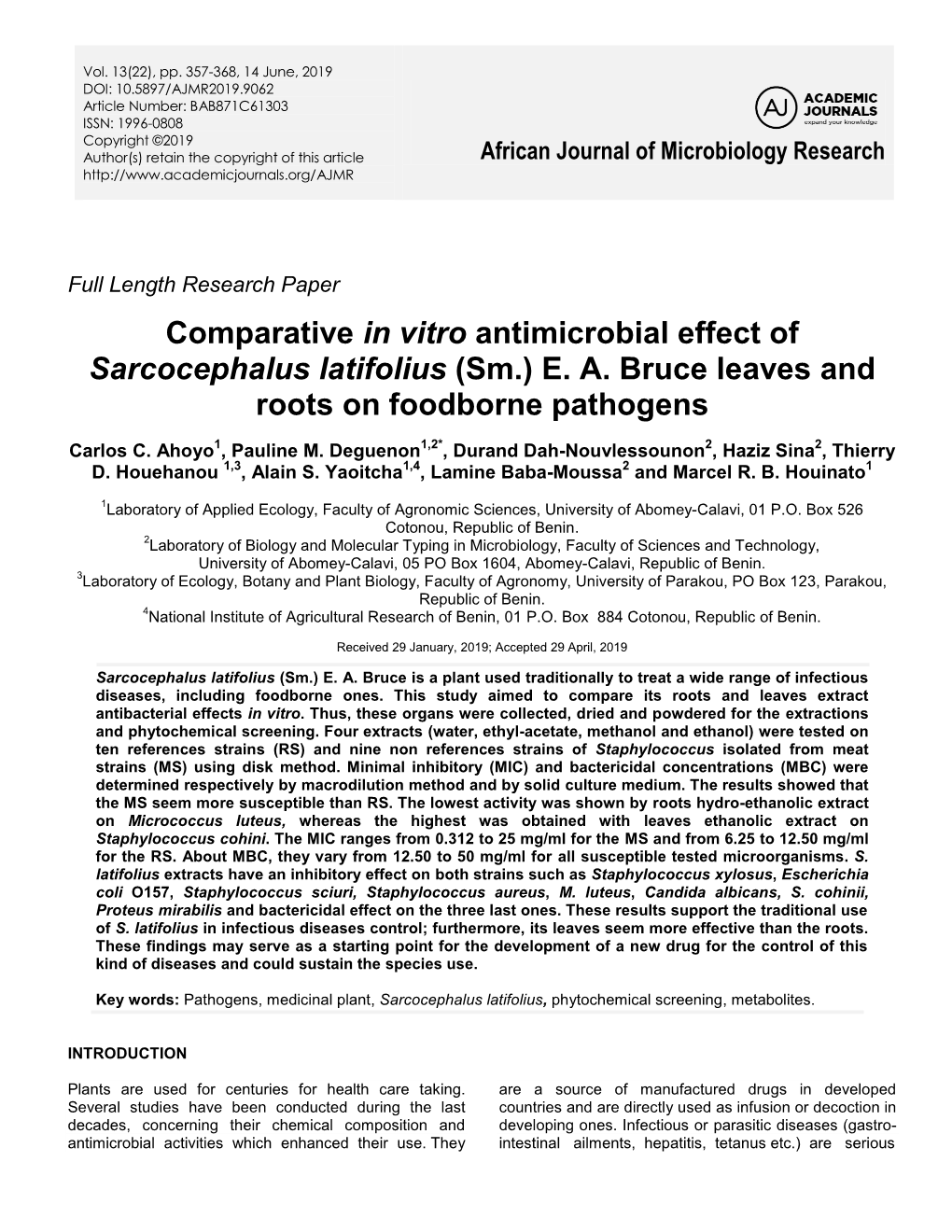 Comparative in Vitro Antimicrobial Effect of Sarcocephalus Latifolius (Sm.) E