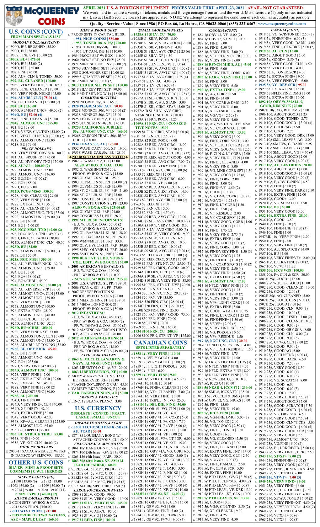 U.S. Coins (Cont) U.S. Currency Canadian Coins Other